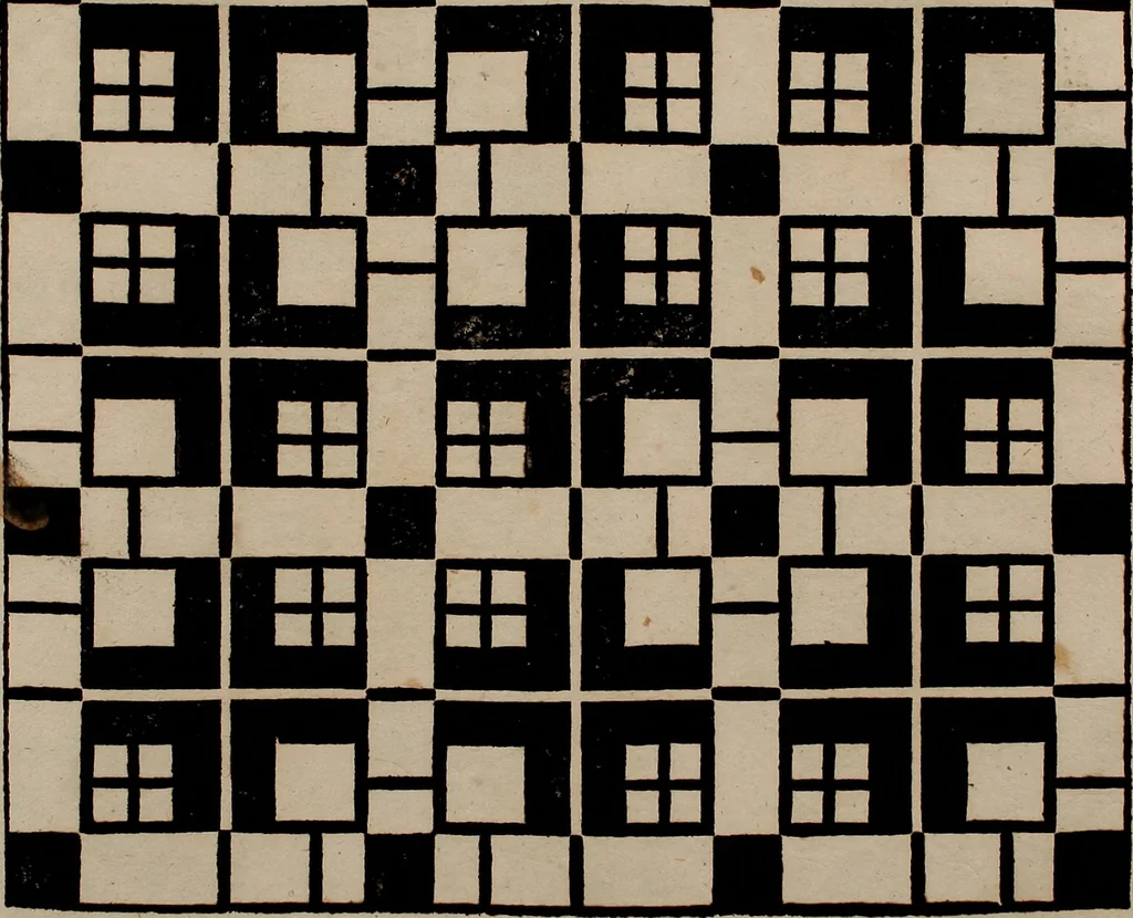 An illustration from Nützliches in lauter auserlesenen, wohl-approbirt- und meistentheils neu-inventirten Mustern bestehendes, Weber-Bild-Buch : als, zwey und siebenzig gesteinten Zeichnungen, von 15. bis auf 40. schäfftig und 32. Stück 16. und 20. schäfftigen Hin- und Wieder-Mödel, auch allerhand der nettesten Gattung von roth-gestreifften Arbeiten, sammt denen dazu gehörigen Zügen und Schnürungen : ingleichen allerhand nöthigen Bildern, auch Doppel-Kellisch, und einer Art von den Damast-Boden, 8. Flügel auf einen Bruch : dann eine Anweisung, wie sich diese Art Züg und Bilder zu halben Brüchen theilen, zerlegen, auch Doppel-Kellisch-Bilder so, wie man sie zum Gebrauch nöthig, selbst versetzen und verändern kan : wobey auch einer jeden Gattung insonderheit eine schrifftliche Anleitung voran gedruckt worden, 1740, leaf 176