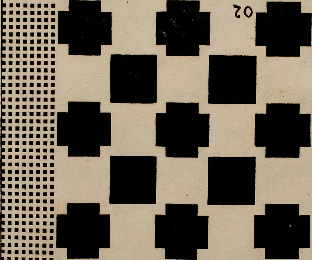 An illustration from Nützliches in lauter auserlesenen, wohl-approbirt- und meistentheils neu-inventirten Mustern bestehendes, Weber-Bild-Buch : als, zwey und siebenzig gesteinten Zeichnungen, von 15. bis auf 40. schäfftig und 32. Stück 16. und 20. schäfftigen Hin- und Wieder-Mödel, auch allerhand der nettesten Gattung von roth-gestreifften Arbeiten, sammt denen dazu gehörigen Zügen und Schnürungen : ingleichen allerhand nöthigen Bildern, auch Doppel-Kellisch, und einer Art von den Damast-Boden, 8. Flügel auf einen Bruch : dann eine Anweisung, wie sich diese Art Züg und Bilder zu halben Brüchen theilen, zerlegen, auch Doppel-Kellisch-Bilder so, wie man sie zum Gebrauch nöthig, selbst versetzen und verändern kan : wobey auch einer jeden Gattung insonderheit eine schrifftliche Anleitung voran gedruckt worden, 1740, leaf 180