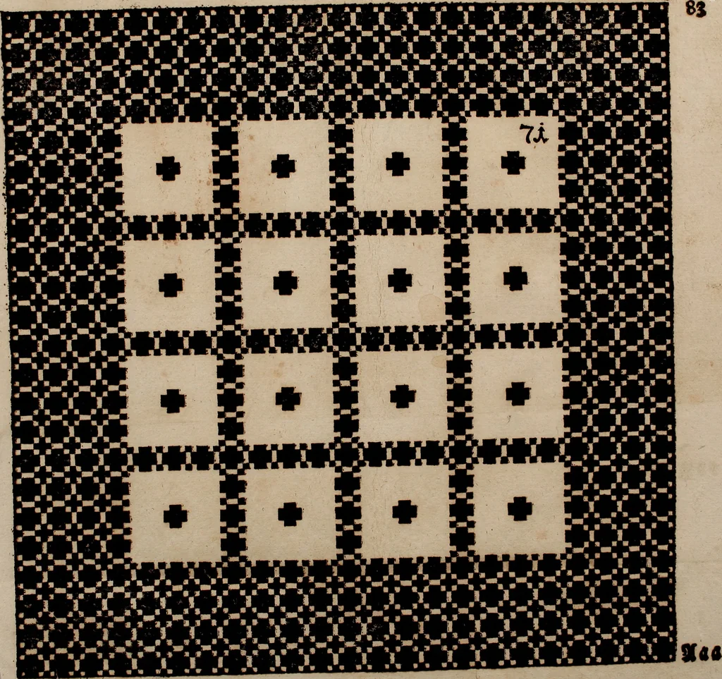 An illustration from Nützliches in lauter auserlesenen, wohl-approbirt- und meistentheils neu-inventirten Mustern bestehendes, Weber-Bild-Buch : als, zwey und siebenzig gesteinten Zeichnungen, von 15. bis auf 40. schäfftig und 32. Stück 16. und 20. schäfftigen Hin- und Wieder-Mödel, auch allerhand der nettesten Gattung von roth-gestreifften Arbeiten, sammt denen dazu gehörigen Zügen und Schnürungen : ingleichen allerhand nöthigen Bildern, auch Doppel-Kellisch, und einer Art von den Damast-Boden, 8. Flügel auf einen Bruch : dann eine Anweisung, wie sich diese Art Züg und Bilder zu halben Brüchen theilen, zerlegen, auch Doppel-Kellisch-Bilder so, wie man sie zum Gebrauch nöthig, selbst versetzen und verändern kan : wobey auch einer jeden Gattung insonderheit eine schrifftliche Anleitung voran gedruckt worden, 1740, leaf 182