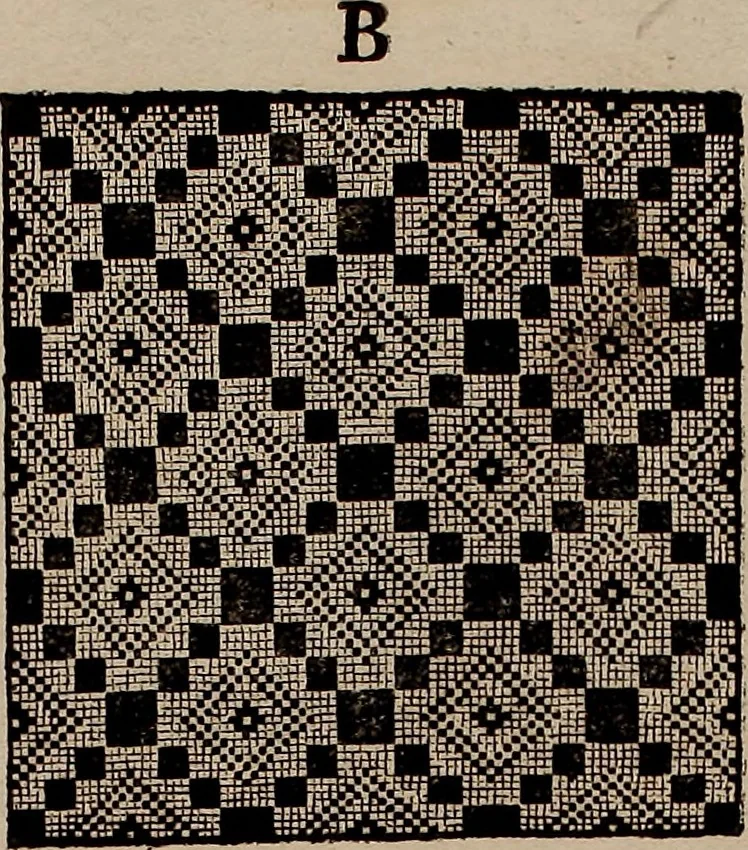 An illustration from Nützliches in lauter auserlesenen, wohl-approbirt- und meistentheils neu-inventirten Mustern bestehendes, Weber-Bild-Buch : als, zwey und siebenzig gesteinten Zeichnungen, von 15. bis auf 40. schäfftig und 32. Stück 16. und 20. schäfftigen Hin- und Wieder-Mödel, auch allerhand der nettesten Gattung von roth-gestreifften Arbeiten, sammt denen dazu gehörigen Zügen und Schnürungen : ingleichen allerhand nöthigen Bildern, auch Doppel-Kellisch, und einer Art von den Damast-Boden, 8. Flügel auf einen Bruch : dann eine Anweisung, wie sich diese Art Züg und Bilder zu halben Brüchen theilen, zerlegen, auch Doppel-Kellisch-Bilder so, wie man sie zum Gebrauch nöthig, selbst versetzen und verändern kan : wobey auch einer jeden Gattung insonderheit eine schrifftliche Anleitung voran gedruckt worden, 1740, leaf 190