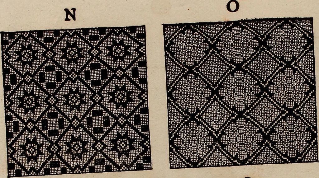 An illustration from Nützliches in lauter auserlesenen, wohl-approbirt- und meistentheils neu-inventirten Mustern bestehendes, Weber-Bild-Buch : als, zwey und siebenzig gesteinten Zeichnungen, von 15. bis auf 40. schäfftig und 32. Stück 16. und 20. schäfftigen Hin- und Wieder-Mödel, auch allerhand der nettesten Gattung von roth-gestreifften Arbeiten, sammt denen dazu gehörigen Zügen und Schnürungen : ingleichen allerhand nöthigen Bildern, auch Doppel-Kellisch, und einer Art von den Damast-Boden, 8. Flügel auf einen Bruch : dann eine Anweisung, wie sich diese Art Züg und Bilder zu halben Brüchen theilen, zerlegen, auch Doppel-Kellisch-Bilder so, wie man sie zum Gebrauch nöthig, selbst versetzen und verändern kan : wobey auch einer jeden Gattung insonderheit eine schrifftliche Anleitung voran gedruckt worden, 1740, leaf 194