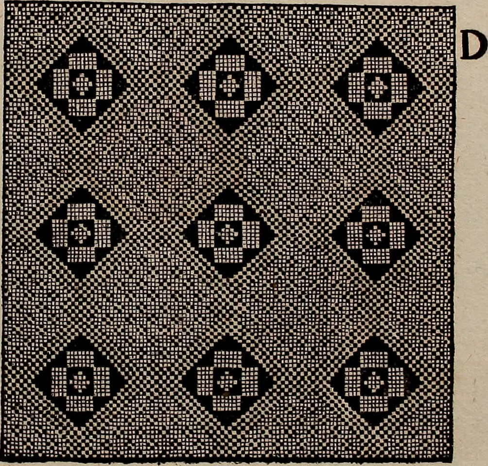 An illustration from Nützliches in lauter auserlesenen, wohl-approbirt- und meistentheils neu-inventirten Mustern bestehendes, Weber-Bild-Buch : als, zwey und siebenzig gesteinten Zeichnungen, von 15. bis auf 40. schäfftig und 32. Stück 16. und 20. schäfftigen Hin- und Wieder-Mödel, auch allerhand der nettesten Gattung von roth-gestreifften Arbeiten, sammt denen dazu gehörigen Zügen und Schnürungen : ingleichen allerhand nöthigen Bildern, auch Doppel-Kellisch, und einer Art von den Damast-Boden, 8. Flügel auf einen Bruch : dann eine Anweisung, wie sich diese Art Züg und Bilder zu halben Brüchen theilen, zerlegen, auch Doppel-Kellisch-Bilder so, wie man sie zum Gebrauch nöthig, selbst versetzen und verändern kan : wobey auch einer jeden Gattung insonderheit eine schrifftliche Anleitung voran gedruckt worden, 1740, leaf 200