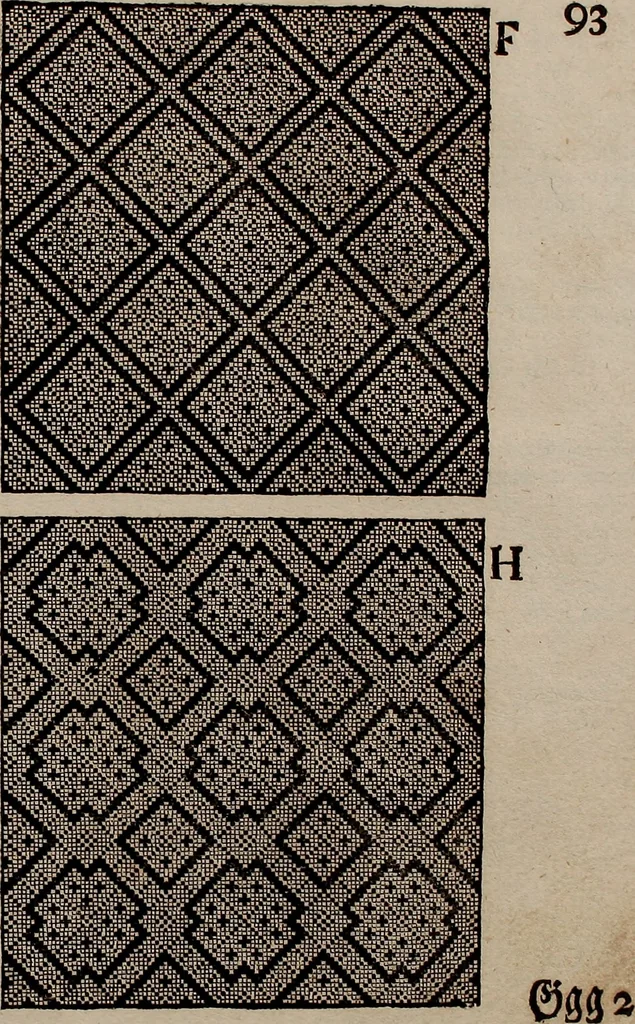 An illustration from Nützliches in lauter auserlesenen, wohl-approbirt- und meistentheils neu-inventirten Mustern bestehendes, Weber-Bild-Buch : als, zwey und siebenzig gesteinten Zeichnungen, von 15. bis auf 40. schäfftig und 32. Stück 16. und 20. schäfftigen Hin- und Wieder-Mödel, auch allerhand der nettesten Gattung von roth-gestreifften Arbeiten, sammt denen dazu gehörigen Zügen und Schnürungen : ingleichen allerhand nöthigen Bildern, auch Doppel-Kellisch, und einer Art von den Damast-Boden, 8. Flügel auf einen Bruch : dann eine Anweisung, wie sich diese Art Züg und Bilder zu halben Brüchen theilen, zerlegen, auch Doppel-Kellisch-Bilder so, wie man sie zum Gebrauch nöthig, selbst versetzen und verändern kan : wobey auch einer jeden Gattung insonderheit eine schrifftliche Anleitung voran gedruckt worden, 1740, leaf 202