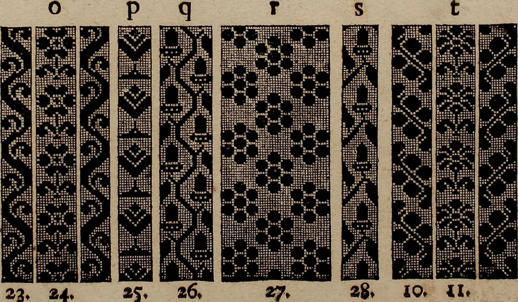 An illustration from Nützliches in lauter auserlesenen, wohl-approbirt- und meistentheils neu-inventirten Mustern bestehendes, Weber-Bild-Buch : als, zwey und siebenzig gesteinten Zeichnungen, von 15. bis auf 40. schäfftig und 32. Stück 16. und 20. schäfftigen Hin- und Wieder-Mödel, auch allerhand der nettesten Gattung von roth-gestreifften Arbeiten, sammt denen dazu gehörigen Zügen und Schnürungen : ingleichen allerhand nöthigen Bildern, auch Doppel-Kellisch, und einer Art von den Damast-Boden, 8. Flügel auf einen Bruch : dann eine Anweisung, wie sich diese Art Züg und Bilder zu halben Brüchen theilen, zerlegen, auch Doppel-Kellisch-Bilder so, wie man sie zum Gebrauch nöthig, selbst versetzen und verändern kan : wobey auch einer jeden Gattung insonderheit eine schrifftliche Anleitung voran gedruckt worden, 1740, leaf 208