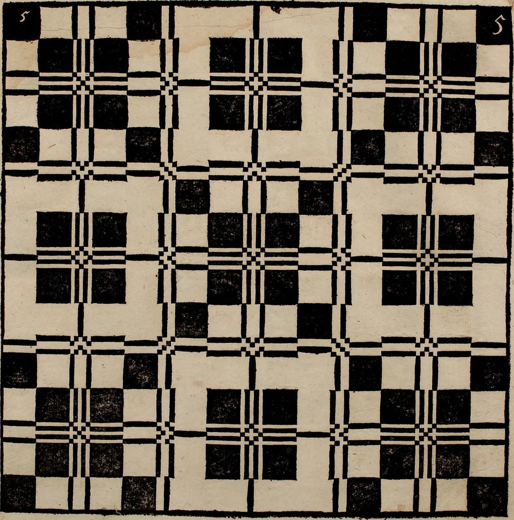 An illustration from Nützliches in lauter auserlesenen, wohl-approbirt- und meistentheils neu-inventirten Mustern bestehendes, Weber-Bild-Buch : als, zwey und siebenzig gesteinten Zeichnungen, von 15. bis auf 40. schäfftig und 32. Stück 16. und 20. schäfftigen Hin- und Wieder-Mödel, auch allerhand der nettesten Gattung von roth-gestreifften Arbeiten, sammt denen dazu gehörigen Zügen und Schnürungen : ingleichen allerhand nöthigen Bildern, auch Doppel-Kellisch, und einer Art von den Damast-Boden, 8. Flügel auf einen Bruch : dann eine Anweisung, wie sich diese Art Züg und Bilder zu halben Brüchen theilen, zerlegen, auch Doppel-Kellisch-Bilder so, wie man sie zum Gebrauch nöthig, selbst versetzen und verändern kan : wobey auch einer jeden Gattung insonderheit eine schrifftliche Anleitung voran gedruckt worden, 1740, leaf 28