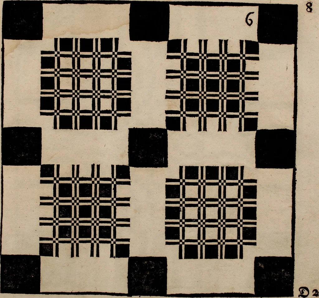 An illustration from Nützliches in lauter auserlesenen, wohl-approbirt- und meistentheils neu-inventirten Mustern bestehendes, Weber-Bild-Buch : als, zwey und siebenzig gesteinten Zeichnungen, von 15. bis auf 40. schäfftig und 32. Stück 16. und 20. schäfftigen Hin- und Wieder-Mödel, auch allerhand der nettesten Gattung von roth-gestreifften Arbeiten, sammt denen dazu gehörigen Zügen und Schnürungen : ingleichen allerhand nöthigen Bildern, auch Doppel-Kellisch, und einer Art von den Damast-Boden, 8. Flügel auf einen Bruch : dann eine Anweisung, wie sich diese Art Züg und Bilder zu halben Brüchen theilen, zerlegen, auch Doppel-Kellisch-Bilder so, wie man sie zum Gebrauch nöthig, selbst versetzen und verändern kan : wobey auch einer jeden Gattung insonderheit eine schrifftliche Anleitung voran gedruckt worden, 1740, leaf 30