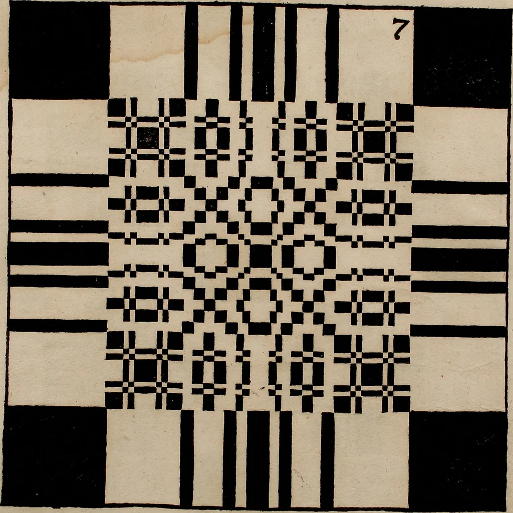 An illustration from Nützliches in lauter auserlesenen, wohl-approbirt- und meistentheils neu-inventirten Mustern bestehendes, Weber-Bild-Buch : als, zwey und siebenzig gesteinten Zeichnungen, von 15. bis auf 40. schäfftig und 32. Stück 16. und 20. schäfftigen Hin- und Wieder-Mödel, auch allerhand der nettesten Gattung von roth-gestreifften Arbeiten, sammt denen dazu gehörigen Zügen und Schnürungen : ingleichen allerhand nöthigen Bildern, auch Doppel-Kellisch, und einer Art von den Damast-Boden, 8. Flügel auf einen Bruch : dann eine Anweisung, wie sich diese Art Züg und Bilder zu halben Brüchen theilen, zerlegen, auch Doppel-Kellisch-Bilder so, wie man sie zum Gebrauch nöthig, selbst versetzen und verändern kan : wobey auch einer jeden Gattung insonderheit eine schrifftliche Anleitung voran gedruckt worden, 1740, leaf 32