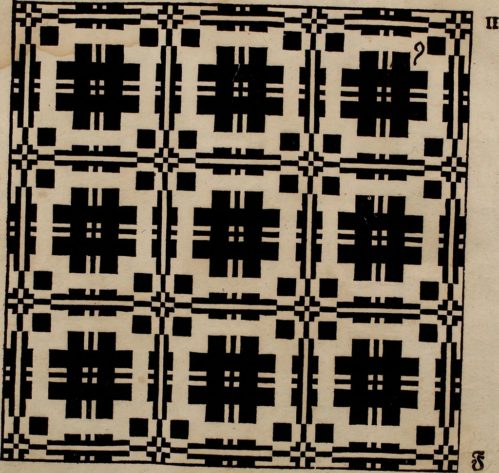An illustration from Nützliches in lauter auserlesenen, wohl-approbirt- und meistentheils neu-inventirten Mustern bestehendes, Weber-Bild-Buch : als, zwey und siebenzig gesteinten Zeichnungen, von 15. bis auf 40. schäfftig und 32. Stück 16. und 20. schäfftigen Hin- und Wieder-Mödel, auch allerhand der nettesten Gattung von roth-gestreifften Arbeiten, sammt denen dazu gehörigen Zügen und Schnürungen : ingleichen allerhand nöthigen Bildern, auch Doppel-Kellisch, und einer Art von den Damast-Boden, 8. Flügel auf einen Bruch : dann eine Anweisung, wie sich diese Art Züg und Bilder zu halben Brüchen theilen, zerlegen, auch Doppel-Kellisch-Bilder so, wie man sie zum Gebrauch nöthig, selbst versetzen und verändern kan : wobey auch einer jeden Gattung insonderheit eine schrifftliche Anleitung voran gedruckt worden, 1740, leaf 36