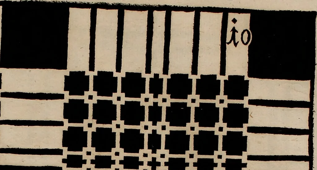 An illustration from Nützliches in lauter auserlesenen, wohl-approbirt- und meistentheils neu-inventirten Mustern bestehendes, Weber-Bild-Buch : als, zwey und siebenzig gesteinten Zeichnungen, von 15. bis auf 40. schäfftig und 32. Stück 16. und 20. schäfftigen Hin- und Wieder-Mödel, auch allerhand der nettesten Gattung von roth-gestreifften Arbeiten, sammt denen dazu gehörigen Zügen und Schnürungen : ingleichen allerhand nöthigen Bildern, auch Doppel-Kellisch, und einer Art von den Damast-Boden, 8. Flügel auf einen Bruch : dann eine Anweisung, wie sich diese Art Züg und Bilder zu halben Brüchen theilen, zerlegen, auch Doppel-Kellisch-Bilder so, wie man sie zum Gebrauch nöthig, selbst versetzen und verändern kan : wobey auch einer jeden Gattung insonderheit eine schrifftliche Anleitung voran gedruckt worden, 1740, leaf 38