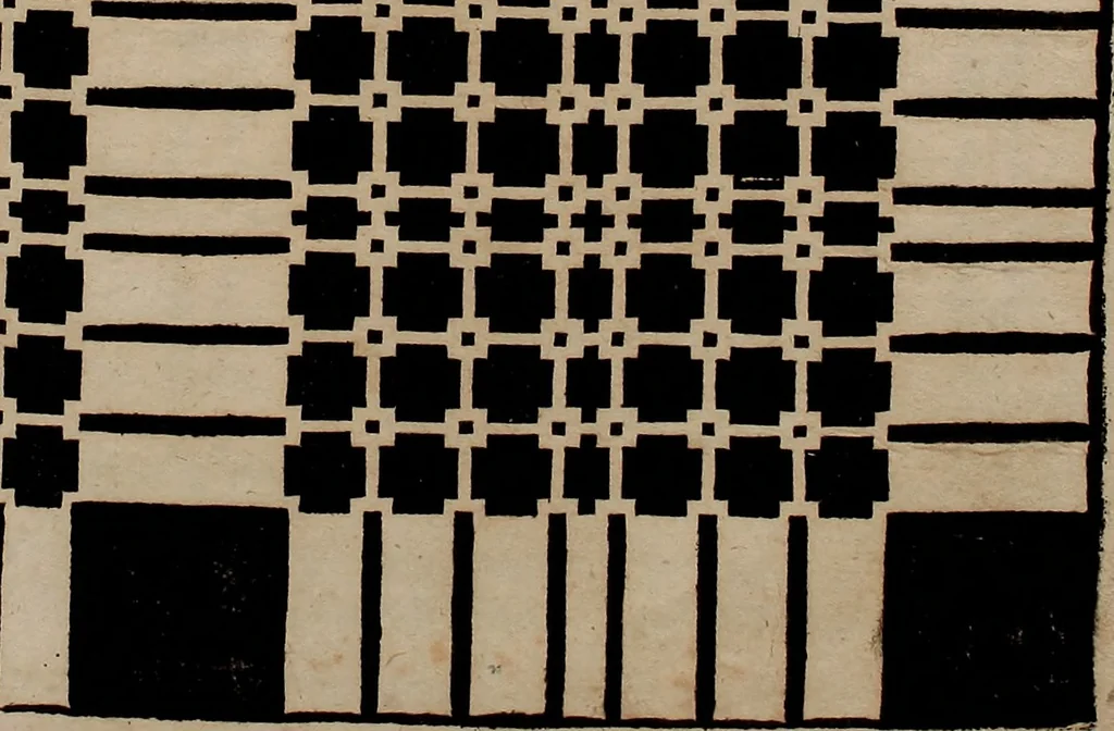 An illustration from Nützliches in lauter auserlesenen, wohl-approbirt- und meistentheils neu-inventirten Mustern bestehendes, Weber-Bild-Buch : als, zwey und siebenzig gesteinten Zeichnungen, von 15. bis auf 40. schäfftig und 32. Stück 16. und 20. schäfftigen Hin- und Wieder-Mödel, auch allerhand der nettesten Gattung von roth-gestreifften Arbeiten, sammt denen dazu gehörigen Zügen und Schnürungen : ingleichen allerhand nöthigen Bildern, auch Doppel-Kellisch, und einer Art von den Damast-Boden, 8. Flügel auf einen Bruch : dann eine Anweisung, wie sich diese Art Züg und Bilder zu halben Brüchen theilen, zerlegen, auch Doppel-Kellisch-Bilder so, wie man sie zum Gebrauch nöthig, selbst versetzen und verändern kan : wobey auch einer jeden Gattung insonderheit eine schrifftliche Anleitung voran gedruckt worden, 1740, leaf 38