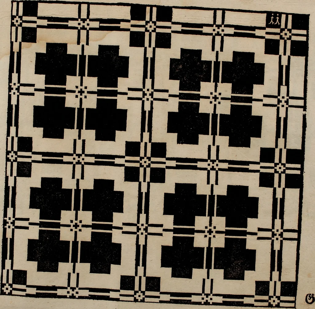 An illustration from Nützliches in lauter auserlesenen, wohl-approbirt- und meistentheils neu-inventirten Mustern bestehendes, Weber-Bild-Buch : als, zwey und siebenzig gesteinten Zeichnungen, von 15. bis auf 40. schäfftig und 32. Stück 16. und 20. schäfftigen Hin- und Wieder-Mödel, auch allerhand der nettesten Gattung von roth-gestreifften Arbeiten, sammt denen dazu gehörigen Zügen und Schnürungen : ingleichen allerhand nöthigen Bildern, auch Doppel-Kellisch, und einer Art von den Damast-Boden, 8. Flügel auf einen Bruch : dann eine Anweisung, wie sich diese Art Züg und Bilder zu halben Brüchen theilen, zerlegen, auch Doppel-Kellisch-Bilder so, wie man sie zum Gebrauch nöthig, selbst versetzen und verändern kan : wobey auch einer jeden Gattung insonderheit eine schrifftliche Anleitung voran gedruckt worden, 1740, leaf 40