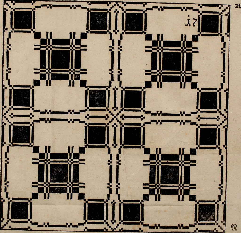 An illustration from Nützliches in lauter auserlesenen, wohl-approbirt- und meistentheils neu-inventirten Mustern bestehendes, Weber-Bild-Buch : als, zwey und siebenzig gesteinten Zeichnungen, von 15. bis auf 40. schäfftig und 32. Stück 16. und 20. schäfftigen Hin- und Wieder-Mödel, auch allerhand der nettesten Gattung von roth-gestreifften Arbeiten, sammt denen dazu gehörigen Zügen und Schnürungen : ingleichen allerhand nöthigen Bildern, auch Doppel-Kellisch, und einer Art von den Damast-Boden, 8. Flügel auf einen Bruch : dann eine Anweisung, wie sich diese Art Züg und Bilder zu halben Brüchen theilen, zerlegen, auch Doppel-Kellisch-Bilder so, wie man sie zum Gebrauch nöthig, selbst versetzen und verändern kan : wobey auch einer jeden Gattung insonderheit eine schrifftliche Anleitung voran gedruckt worden, 1740, leaf 56