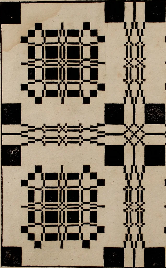 An illustration from Nützliches in lauter auserlesenen, wohl-approbirt- und meistentheils neu-inventirten Mustern bestehendes, Weber-Bild-Buch : als, zwey und siebenzig gesteinten Zeichnungen, von 15. bis auf 40. schäfftig und 32. Stück 16. und 20. schäfftigen Hin- und Wieder-Mödel, auch allerhand der nettesten Gattung von roth-gestreifften Arbeiten, sammt denen dazu gehörigen Zügen und Schnürungen : ingleichen allerhand nöthigen Bildern, auch Doppel-Kellisch, und einer Art von den Damast-Boden, 8. Flügel auf einen Bruch : dann eine Anweisung, wie sich diese Art Züg und Bilder zu halben Brüchen theilen, zerlegen, auch Doppel-Kellisch-Bilder so, wie man sie zum Gebrauch nöthig, selbst versetzen und verändern kan : wobey auch einer jeden Gattung insonderheit eine schrifftliche Anleitung voran gedruckt worden, 1740, leaf 60