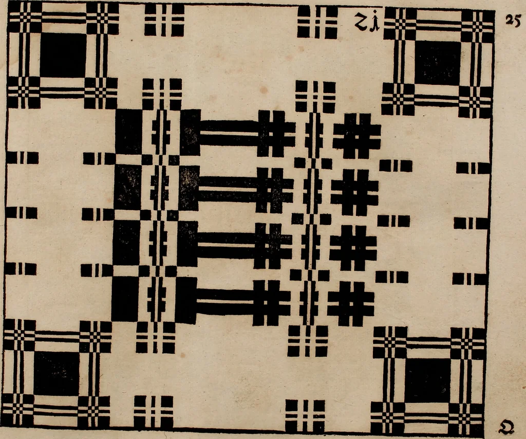 An illustration from Nützliches in lauter auserlesenen, wohl-approbirt- und meistentheils neu-inventirten Mustern bestehendes, Weber-Bild-Buch : als, zwey und siebenzig gesteinten Zeichnungen, von 15. bis auf 40. schäfftig und 32. Stück 16. und 20. schäfftigen Hin- und Wieder-Mödel, auch allerhand der nettesten Gattung von roth-gestreifften Arbeiten, sammt denen dazu gehörigen Zügen und Schnürungen : ingleichen allerhand nöthigen Bildern, auch Doppel-Kellisch, und einer Art von den Damast-Boden, 8. Flügel auf einen Bruch : dann eine Anweisung, wie sich diese Art Züg und Bilder zu halben Brüchen theilen, zerlegen, auch Doppel-Kellisch-Bilder so, wie man sie zum Gebrauch nöthig, selbst versetzen und verändern kan : wobey auch einer jeden Gattung insonderheit eine schrifftliche Anleitung voran gedruckt worden, 1740, leaf 64
