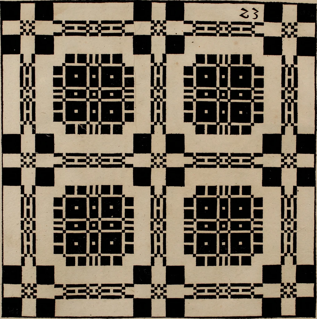 An illustration from Nützliches in lauter auserlesenen, wohl-approbirt- und meistentheils neu-inventirten Mustern bestehendes, Weber-Bild-Buch : als, zwey und siebenzig gesteinten Zeichnungen, von 15. bis auf 40. schäfftig und 32. Stück 16. und 20. schäfftigen Hin- und Wieder-Mödel, auch allerhand der nettesten Gattung von roth-gestreifften Arbeiten, sammt denen dazu gehörigen Zügen und Schnürungen : ingleichen allerhand nöthigen Bildern, auch Doppel-Kellisch, und einer Art von den Damast-Boden, 8. Flügel auf einen Bruch : dann eine Anweisung, wie sich diese Art Züg und Bilder zu halben Brüchen theilen, zerlegen, auch Doppel-Kellisch-Bilder so, wie man sie zum Gebrauch nöthig, selbst versetzen und verändern kan : wobey auch einer jeden Gattung insonderheit eine schrifftliche Anleitung voran gedruckt worden, 1740, leaf 68