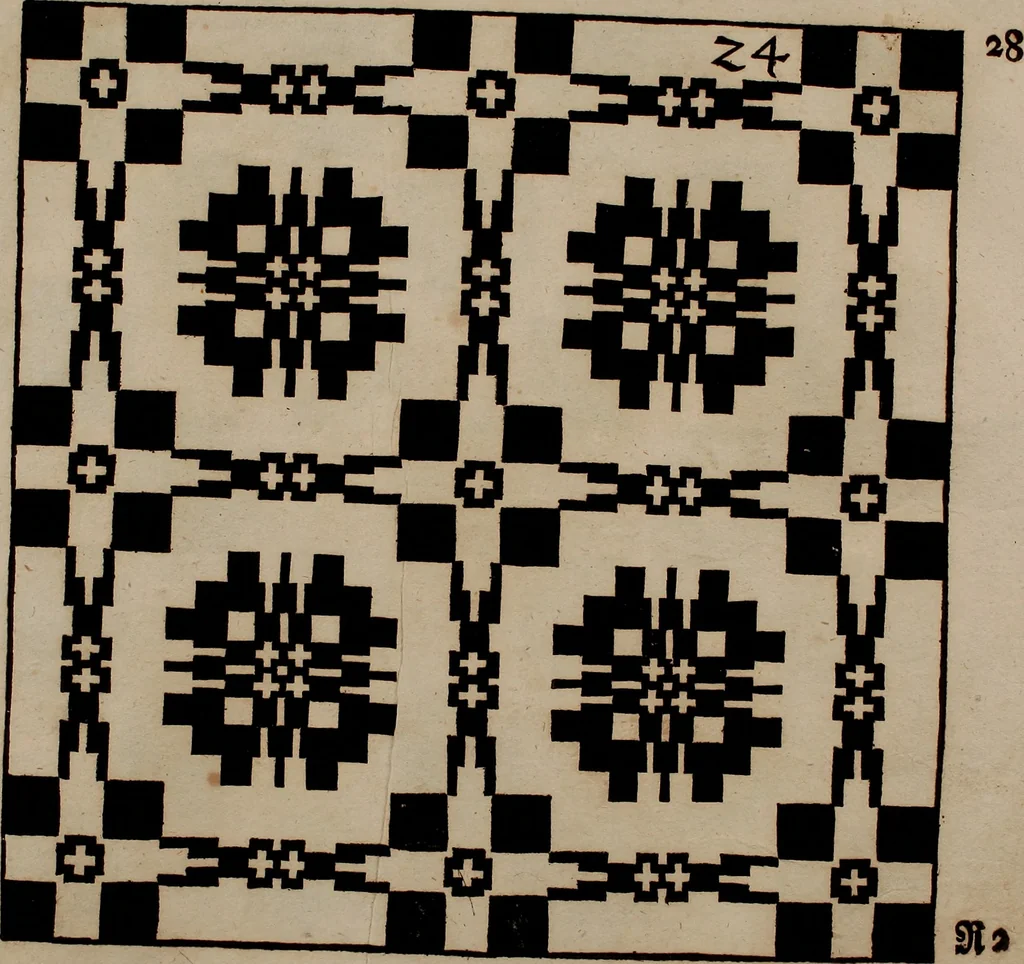 An illustration from Nützliches in lauter auserlesenen, wohl-approbirt- und meistentheils neu-inventirten Mustern bestehendes, Weber-Bild-Buch : als, zwey und siebenzig gesteinten Zeichnungen, von 15. bis auf 40. schäfftig und 32. Stück 16. und 20. schäfftigen Hin- und Wieder-Mödel, auch allerhand der nettesten Gattung von roth-gestreifften Arbeiten, sammt denen dazu gehörigen Zügen und Schnürungen : ingleichen allerhand nöthigen Bildern, auch Doppel-Kellisch, und einer Art von den Damast-Boden, 8. Flügel auf einen Bruch : dann eine Anweisung, wie sich diese Art Züg und Bilder zu halben Brüchen theilen, zerlegen, auch Doppel-Kellisch-Bilder so, wie man sie zum Gebrauch nöthig, selbst versetzen und verändern kan : wobey auch einer jeden Gattung insonderheit eine schrifftliche Anleitung voran gedruckt worden, 1740, leaf 70