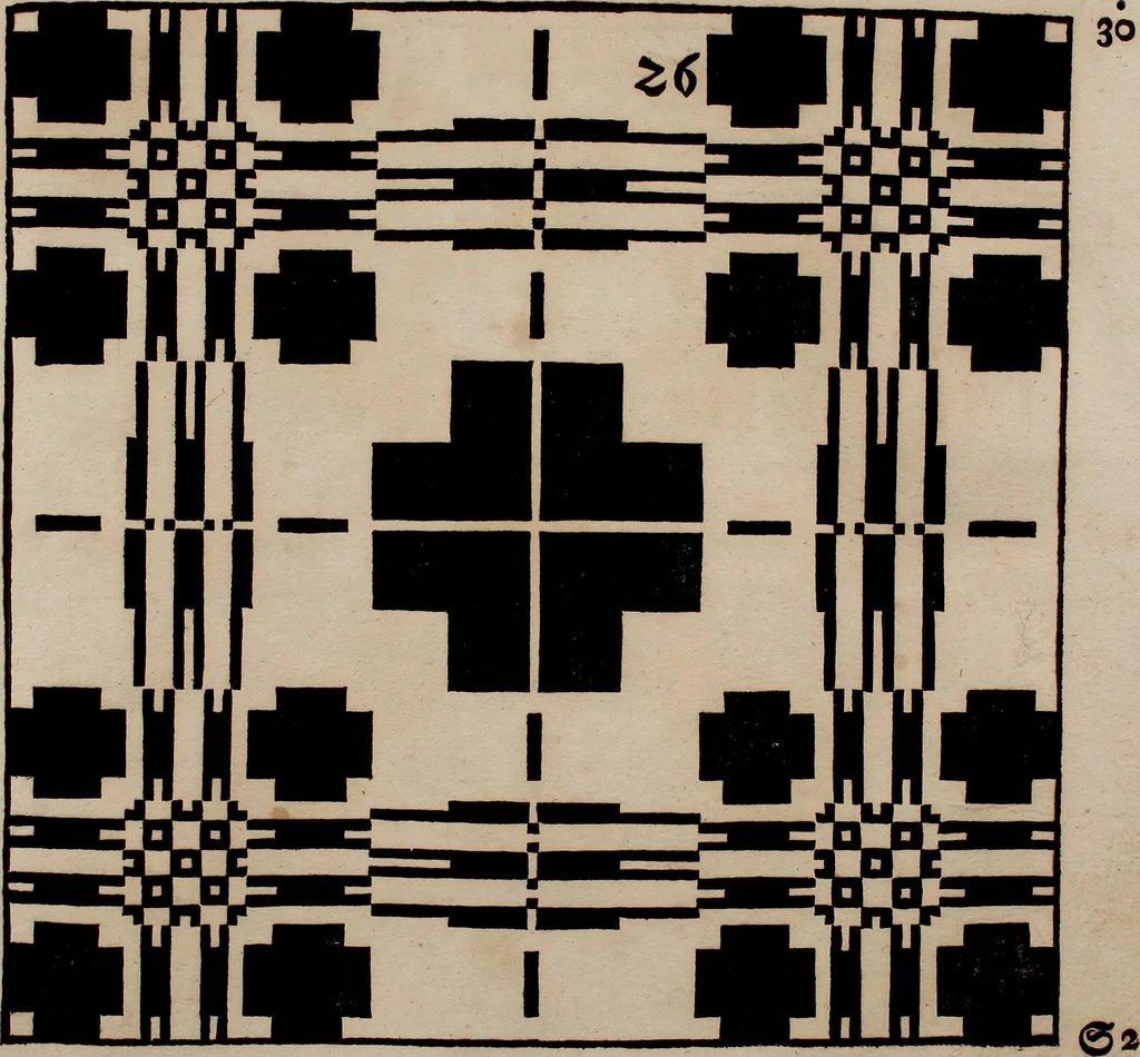 An illustration from Nützliches in lauter auserlesenen, wohl-approbirt- und meistentheils neu-inventirten Mustern bestehendes, Weber-Bild-Buch : als, zwey und siebenzig gesteinten Zeichnungen, von 15. bis auf 40. schäfftig und 32. Stück 16. und 20. schäfftigen Hin- und Wieder-Mödel, auch allerhand der nettesten Gattung von roth-gestreifften Arbeiten, sammt denen dazu gehörigen Zügen und Schnürungen : ingleichen allerhand nöthigen Bildern, auch Doppel-Kellisch, und einer Art von den Damast-Boden, 8. Flügel auf einen Bruch : dann eine Anweisung, wie sich diese Art Züg und Bilder zu halben Brüchen theilen, zerlegen, auch Doppel-Kellisch-Bilder so, wie man sie zum Gebrauch nöthig, selbst versetzen und verändern kan : wobey auch einer jeden Gattung insonderheit eine schrifftliche Anleitung voran gedruckt worden, 1740, leaf 74