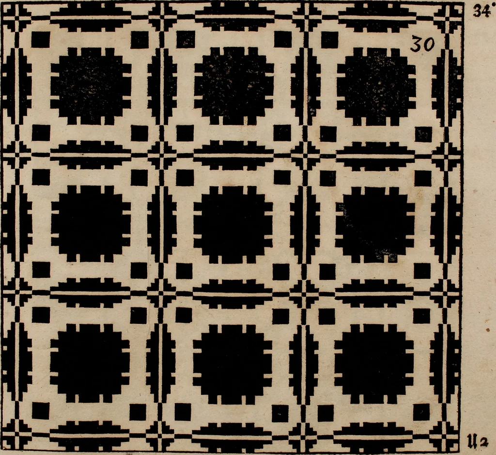 An illustration from Nützliches in lauter auserlesenen, wohl-approbirt- und meistentheils neu-inventirten Mustern bestehendes, Weber-Bild-Buch : als, zwey und siebenzig gesteinten Zeichnungen, von 15. bis auf 40. schäfftig und 32. Stück 16. und 20. schäfftigen Hin- und Wieder-Mödel, auch allerhand der nettesten Gattung von roth-gestreifften Arbeiten, sammt denen dazu gehörigen Zügen und Schnürungen : ingleichen allerhand nöthigen Bildern, auch Doppel-Kellisch, und einer Art von den Damast-Boden, 8. Flügel auf einen Bruch : dann eine Anweisung, wie sich diese Art Züg und Bilder zu halben Brüchen theilen, zerlegen, auch Doppel-Kellisch-Bilder so, wie man sie zum Gebrauch nöthig, selbst versetzen und verändern kan : wobey auch einer jeden Gattung insonderheit eine schrifftliche Anleitung voran gedruckt worden, 1740, leaf 82