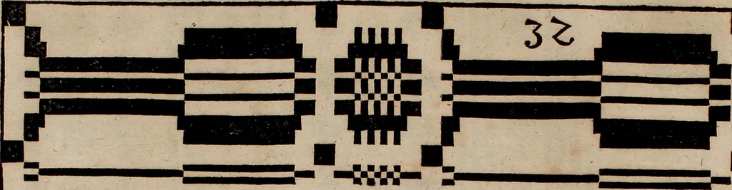 An illustration from Nützliches in lauter auserlesenen, wohl-approbirt- und meistentheils neu-inventirten Mustern bestehendes, Weber-Bild-Buch : als, zwey und siebenzig gesteinten Zeichnungen, von 15. bis auf 40. schäfftig und 32. Stück 16. und 20. schäfftigen Hin- und Wieder-Mödel, auch allerhand der nettesten Gattung von roth-gestreifften Arbeiten, sammt denen dazu gehörigen Zügen und Schnürungen : ingleichen allerhand nöthigen Bildern, auch Doppel-Kellisch, und einer Art von den Damast-Boden, 8. Flügel auf einen Bruch : dann eine Anweisung, wie sich diese Art Züg und Bilder zu halben Brüchen theilen, zerlegen, auch Doppel-Kellisch-Bilder so, wie man sie zum Gebrauch nöthig, selbst versetzen und verändern kan : wobey auch einer jeden Gattung insonderheit eine schrifftliche Anleitung voran gedruckt worden, 1740, leaf 92