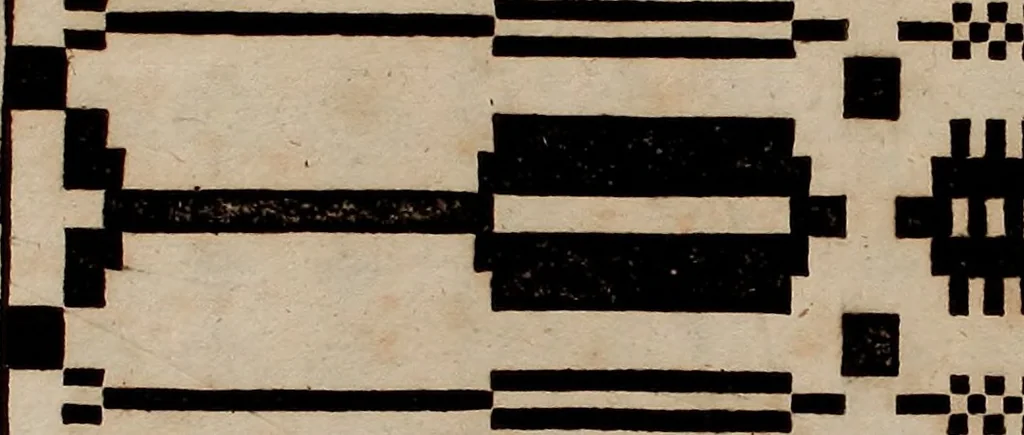 An illustration from Nützliches in lauter auserlesenen, wohl-approbirt- und meistentheils neu-inventirten Mustern bestehendes, Weber-Bild-Buch : als, zwey und siebenzig gesteinten Zeichnungen, von 15. bis auf 40. schäfftig und 32. Stück 16. und 20. schäfftigen Hin- und Wieder-Mödel, auch allerhand der nettesten Gattung von roth-gestreifften Arbeiten, sammt denen dazu gehörigen Zügen und Schnürungen : ingleichen allerhand nöthigen Bildern, auch Doppel-Kellisch, und einer Art von den Damast-Boden, 8. Flügel auf einen Bruch : dann eine Anweisung, wie sich diese Art Züg und Bilder zu halben Brüchen theilen, zerlegen, auch Doppel-Kellisch-Bilder so, wie man sie zum Gebrauch nöthig, selbst versetzen und verändern kan : wobey auch einer jeden Gattung insonderheit eine schrifftliche Anleitung voran gedruckt worden, 1740, leaf 92