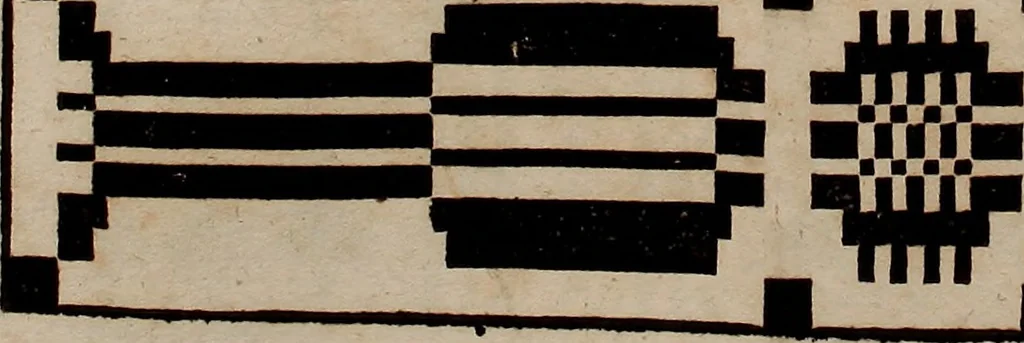 An illustration from Nützliches in lauter auserlesenen, wohl-approbirt- und meistentheils neu-inventirten Mustern bestehendes, Weber-Bild-Buch : als, zwey und siebenzig gesteinten Zeichnungen, von 15. bis auf 40. schäfftig und 32. Stück 16. und 20. schäfftigen Hin- und Wieder-Mödel, auch allerhand der nettesten Gattung von roth-gestreifften Arbeiten, sammt denen dazu gehörigen Zügen und Schnürungen : ingleichen allerhand nöthigen Bildern, auch Doppel-Kellisch, und einer Art von den Damast-Boden, 8. Flügel auf einen Bruch : dann eine Anweisung, wie sich diese Art Züg und Bilder zu halben Brüchen theilen, zerlegen, auch Doppel-Kellisch-Bilder so, wie man sie zum Gebrauch nöthig, selbst versetzen und verändern kan : wobey auch einer jeden Gattung insonderheit eine schrifftliche Anleitung voran gedruckt worden, 1740, leaf 92