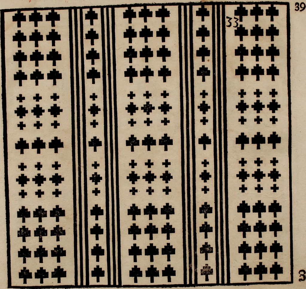 An illustration from Nützliches in lauter auserlesenen, wohl-approbirt- und meistentheils neu-inventirten Mustern bestehendes, Weber-Bild-Buch : als, zwey und siebenzig gesteinten Zeichnungen, von 15. bis auf 40. schäfftig und 32. Stück 16. und 20. schäfftigen Hin- und Wieder-Mödel, auch allerhand der nettesten Gattung von roth-gestreifften Arbeiten, sammt denen dazu gehörigen Zügen und Schnürungen : ingleichen allerhand nöthigen Bildern, auch Doppel-Kellisch, und einer Art von den Damast-Boden, 8. Flügel auf einen Bruch : dann eine Anweisung, wie sich diese Art Züg und Bilder zu halben Brüchen theilen, zerlegen, auch Doppel-Kellisch-Bilder so, wie man sie zum Gebrauch nöthig, selbst versetzen und verändern kan : wobey auch einer jeden Gattung insonderheit eine schrifftliche Anleitung voran gedruckt worden, 1740, leaf 94