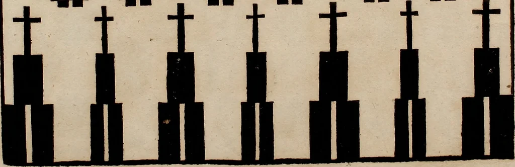 An illustration from Nützliches in lauter auserlesenen, wohl-approbirt- und meistentheils neu-inventirten Mustern bestehendes, Weber-Bild-Buch : als, zwey und siebenzig gesteinten Zeichnungen, von 15. bis auf 40. schäfftig und 32. Stück 16. und 20. schäfftigen Hin- und Wieder-Mödel, auch allerhand der nettesten Gattung von roth-gestreifften Arbeiten, sammt denen dazu gehörigen Zügen und Schnürungen : ingleichen allerhand nöthigen Bildern, auch Doppel-Kellisch, und einer Art von den Damast-Boden, 8. Flügel auf einen Bruch : dann eine Anweisung, wie sich diese Art Züg und Bilder zu halben Brüchen theilen, zerlegen, auch Doppel-Kellisch-Bilder so, wie man sie zum Gebrauch nöthig, selbst versetzen und verändern kan : wobey auch einer jeden Gattung insonderheit eine schrifftliche Anleitung voran gedruckt worden, 1740, leaf 96