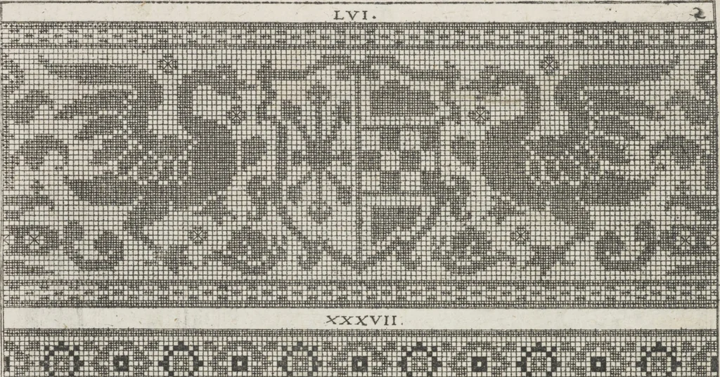 An illustration from Newes Modelbuch in Kupffer gemacht : darinen aller hand Arth newer Mödel von dun, mittel und dick aussgeschnidener Arbeit auch andern kunstlichen Nehwerck zu gebrauchen mit Vleisz inn Druck verfertigt, 1604, leaf 14