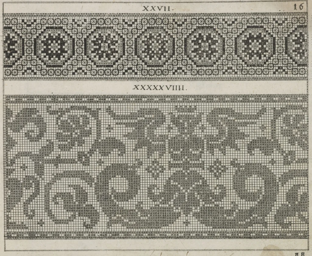 An illustration from Newes Modelbuch in Kupffer gemacht : darinen aller hand Arth newer Mödel von dun, mittel und dick aussgeschnidener Arbeit auch andern kunstlichen Nehwerck zu gebrauchen mit Vleisz inn Druck verfertigt, 1604, leaf 34