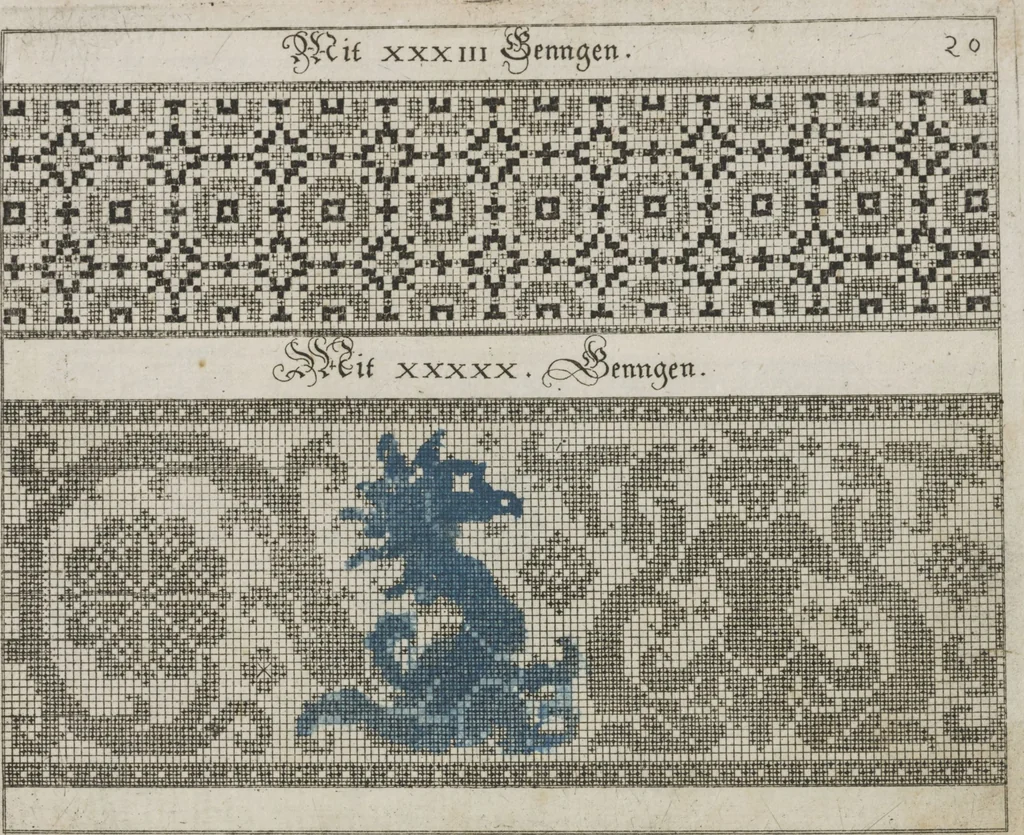 An illustration from Newes Modelbuch in Kupffer gemacht : darinen aller hand Arth newer Mödel von dun, mittel und dick aussgeschnidener Arbeit auch andern kunstlichen Nehwerck zu gebrauchen mit Vleisz inn Druck verfertigt, 1604, leaf 38