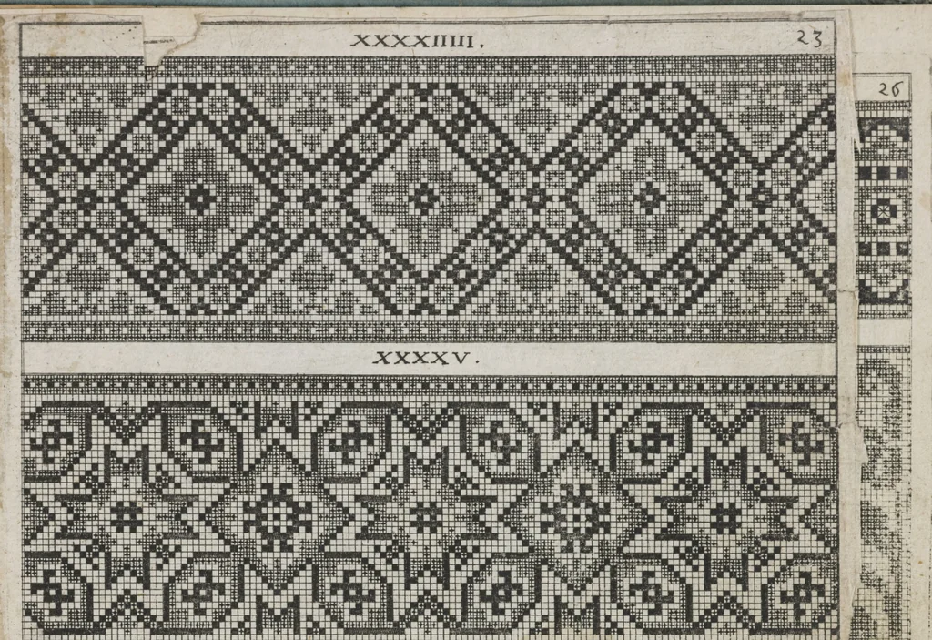An illustration from Newes Modelbuch in Kupffer gemacht : darinen aller hand Arth newer Mödel von dun, mittel und dick aussgeschnidener Arbeit auch andern kunstlichen Nehwerck zu gebrauchen mit Vleisz inn Druck verfertigt, 1604, leaf 44