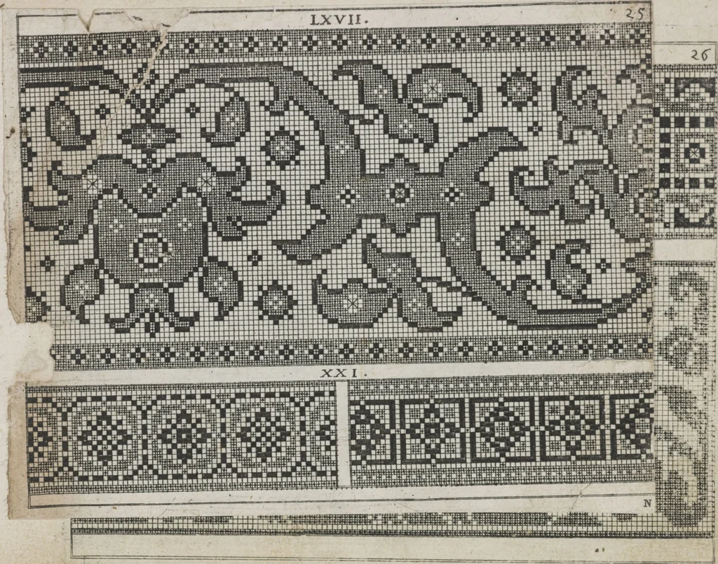 An illustration from Newes Modelbuch in Kupffer gemacht : darinen aller hand Arth newer Mödel von dun, mittel und dick aussgeschnidener Arbeit auch andern kunstlichen Nehwerck zu gebrauchen mit Vleisz inn Druck verfertigt, 1604, leaf 46