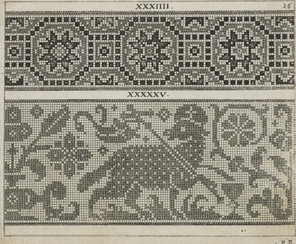 An illustration from Newes Modelbuch in Kupffer gemacht : darinen aller hand Arth newer Mödel von dun, mittel und dick aussgeschnidener Arbeit auch andern kunstlichen Nehwerck zu gebrauchen mit Vleisz inn Druck verfertigt, 1604, leaf 48