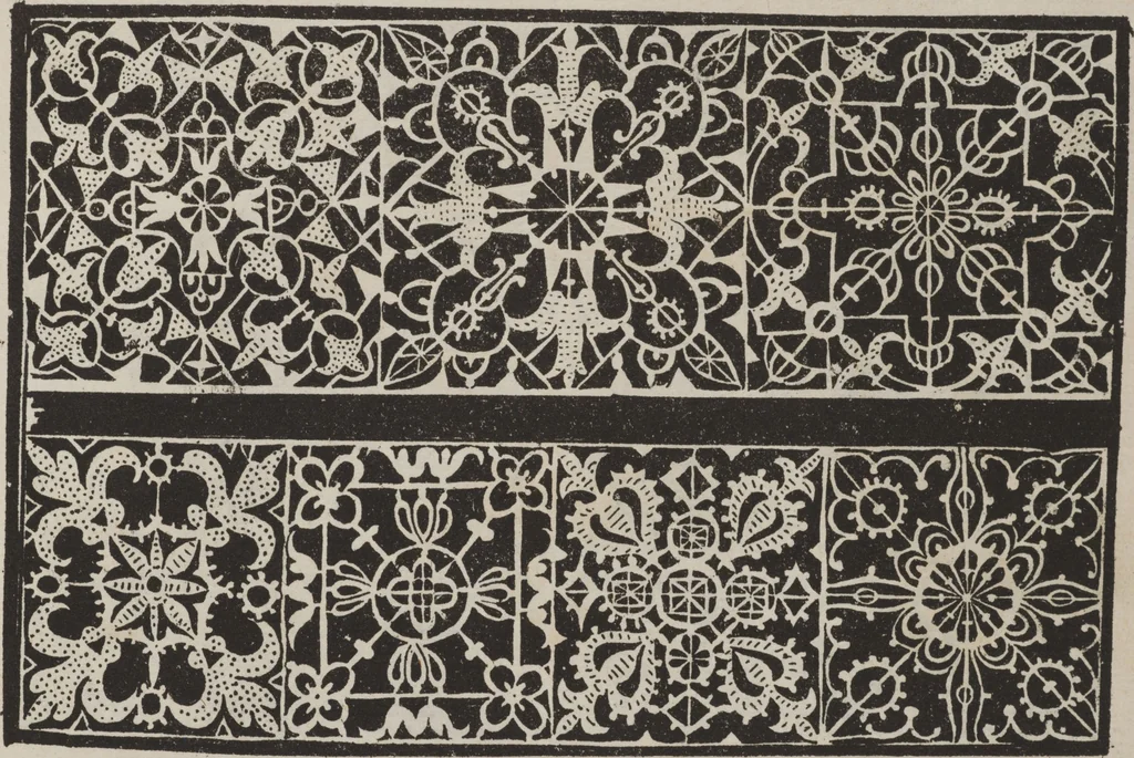 An illustration from Corona delle nobili, et virtvose donne. Libro [primo] : nel quale si dimostra in varij dissegni molte sorti di mostre di punti in aria, punti tagliati, punti a reticello, & ristampa la quarta voltà, 1592, leaf 10