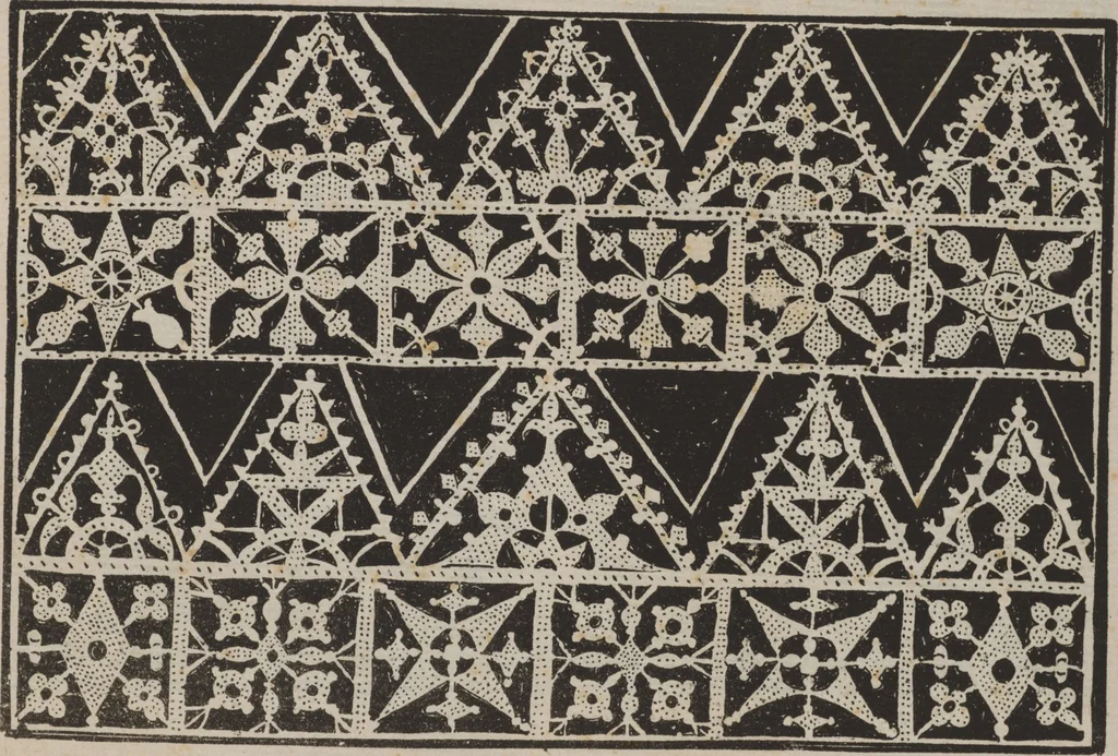 An illustration from Corona delle nobili, et virtvose donne. Libro [primo] : nel quale si dimostra in varij dissegni molte sorti di mostre di punti in aria, punti tagliati, punti a reticello, & ristampa la quarta voltà, 1592, leaf 12