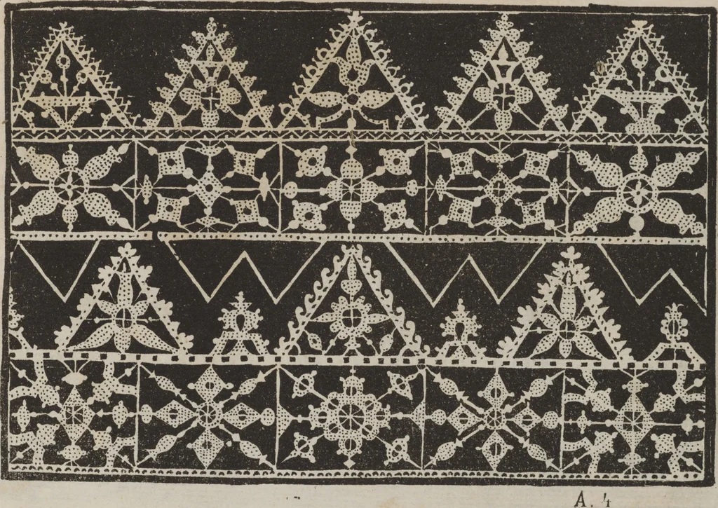 An illustration from Corona delle nobili, et virtvose donne. Libro [primo] : nel quale si dimostra in varij dissegni molte sorti di mostre di punti in aria, punti tagliati, punti a reticello, & ristampa la quarta voltà, 1592, leaf 14