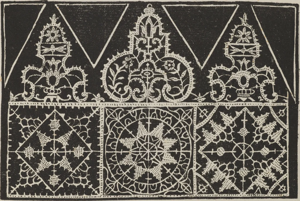 An illustration from Corona delle nobili, et virtvose donne. Libro [primo] : nel quale si dimostra in varij dissegni molte sorti di mostre di punti in aria, punti tagliati, punti a reticello, & ristampa la quarta voltà, 1592, leaf 18