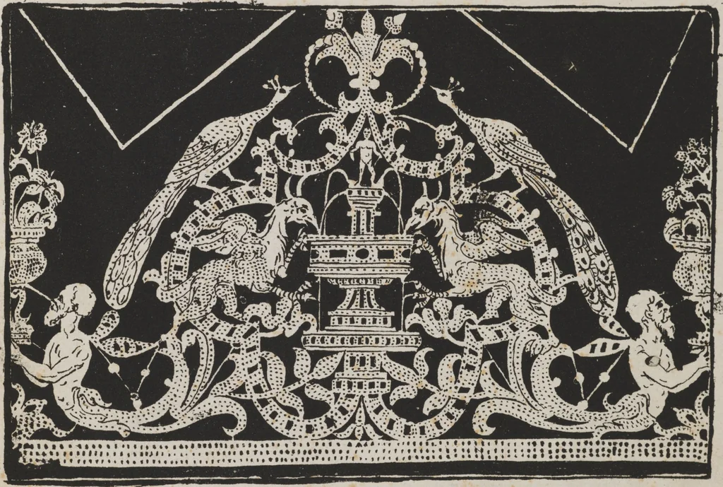 An illustration from Corona delle nobili, et virtvose donne. Libro [primo] : nel quale si dimostra in varij dissegni molte sorti di mostre di punti in aria, punti tagliati, punti a reticello, & ristampa la quarta voltà, 1592, leaf 20