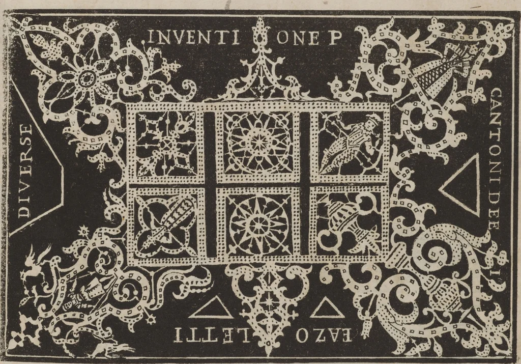 An illustration from Corona delle nobili, et virtvose donne. Libro [primo] : nel quale si dimostra in varij dissegni molte sorti di mostre di punti in aria, punti tagliati, punti a reticello, & ristampa la quarta voltà, 1592, leaf 24