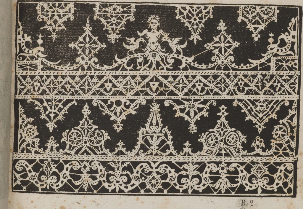 An illustration from Corona delle nobili, et virtvose donne. Libro [primo] : nel quale si dimostra in varij dissegni molte sorti di mostre di punti in aria, punti tagliati, punti a reticello, & ristampa la quarta voltà, 1592, leaf 26