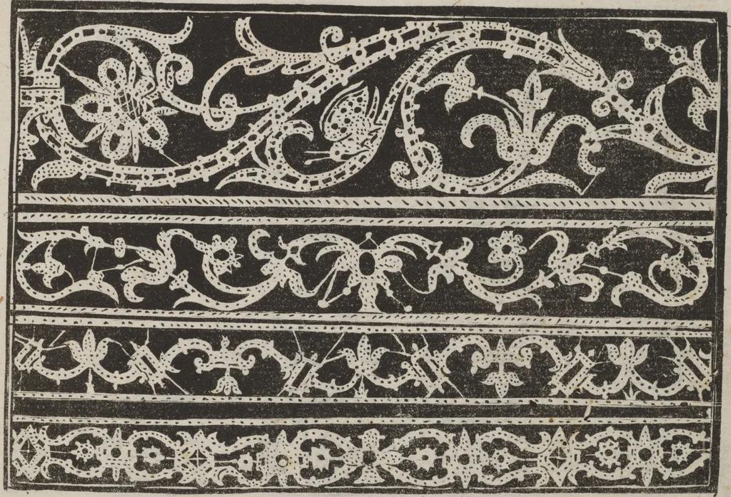 An illustration from Corona delle nobili, et virtvose donne. Libro [primo] : nel quale si dimostra in varij dissegni molte sorti di mostre di punti in aria, punti tagliati, punti a reticello, & ristampa la quarta voltà, 1592, leaf 28