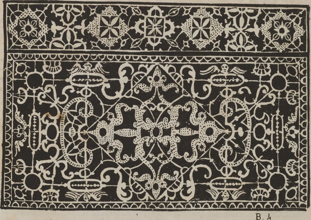 An illustration from Corona delle nobili, et virtvose donne. Libro [primo] : nel quale si dimostra in varij dissegni molte sorti di mostre di punti in aria, punti tagliati, punti a reticello, & ristampa la quarta voltà, 1592, leaf 30