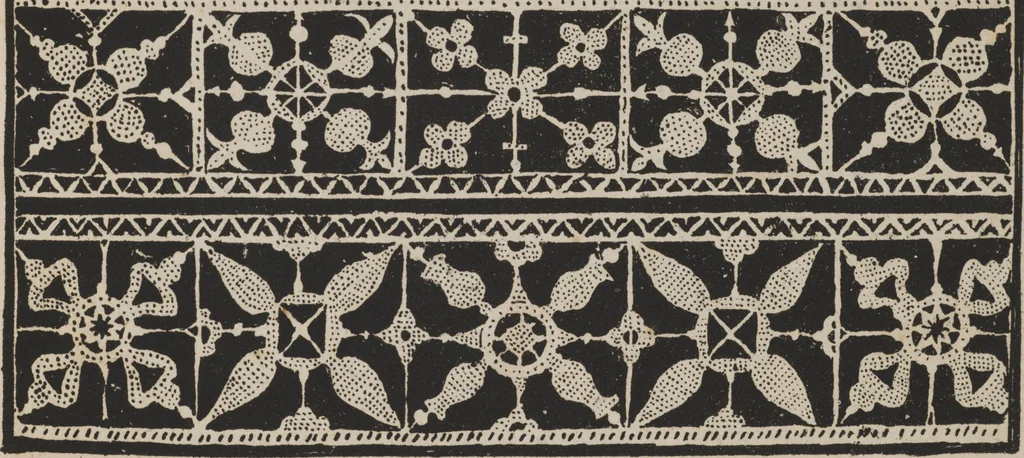 An illustration from Corona delle nobili, et virtvose donne. Libro [primo] : nel quale si dimostra in varij dissegni molte sorti di mostre di punti in aria, punti tagliati, punti a reticello, & ristampa la quarta voltà, 1592, leaf 38
