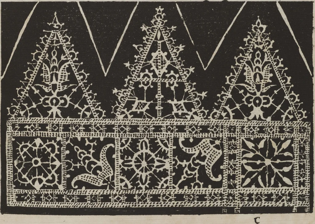 An illustration from Corona delle nobili, et virtvose donne. Libro [primo] : nel quale si dimostra in varij dissegni molte sorti di mostre di punti in aria, punti tagliati, punti a reticello, & ristampa la quarta voltà, 1592, leaf 40