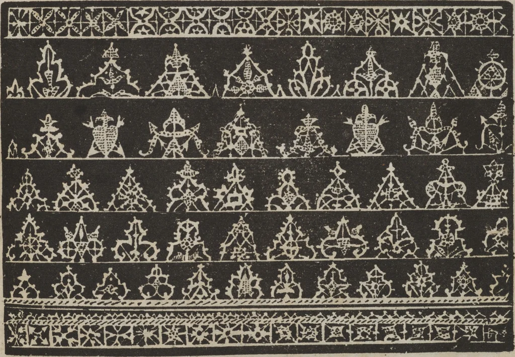 An illustration from Corona delle nobili, et virtvose donne. Libro [primo] : nel quale si dimostra in varij dissegni molte sorti di mostre di punti in aria, punti tagliati, punti a reticello, & ristampa la quarta voltà, 1592, leaf 42