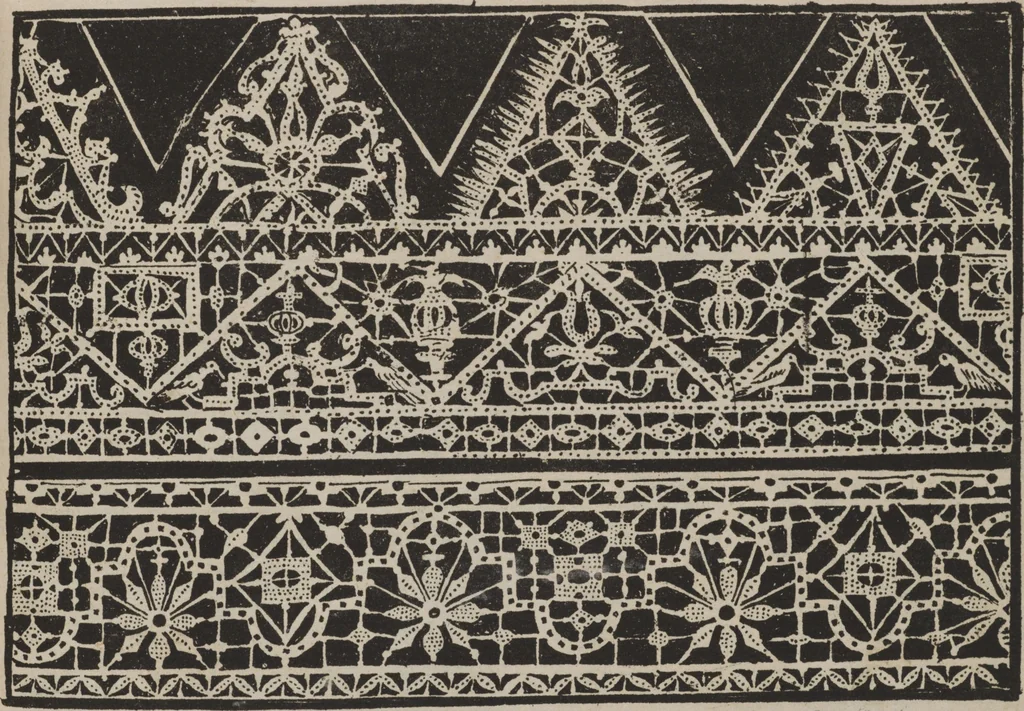 An illustration from Corona delle nobili, et virtvose donne. Libro [primo] : nel quale si dimostra in varij dissegni molte sorti di mostre di punti in aria, punti tagliati, punti a reticello, & ristampa la quarta voltà, 1592, leaf 44