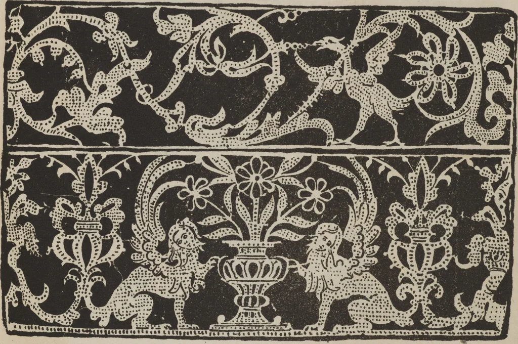 An illustration from Corona delle nobili, et virtvose donne. Libro [primo] : nel quale si dimostra in varij dissegni molte sorti di mostre di punti in aria, punti tagliati, punti a reticello, & ristampa la quarta voltà, 1592, leaf 46