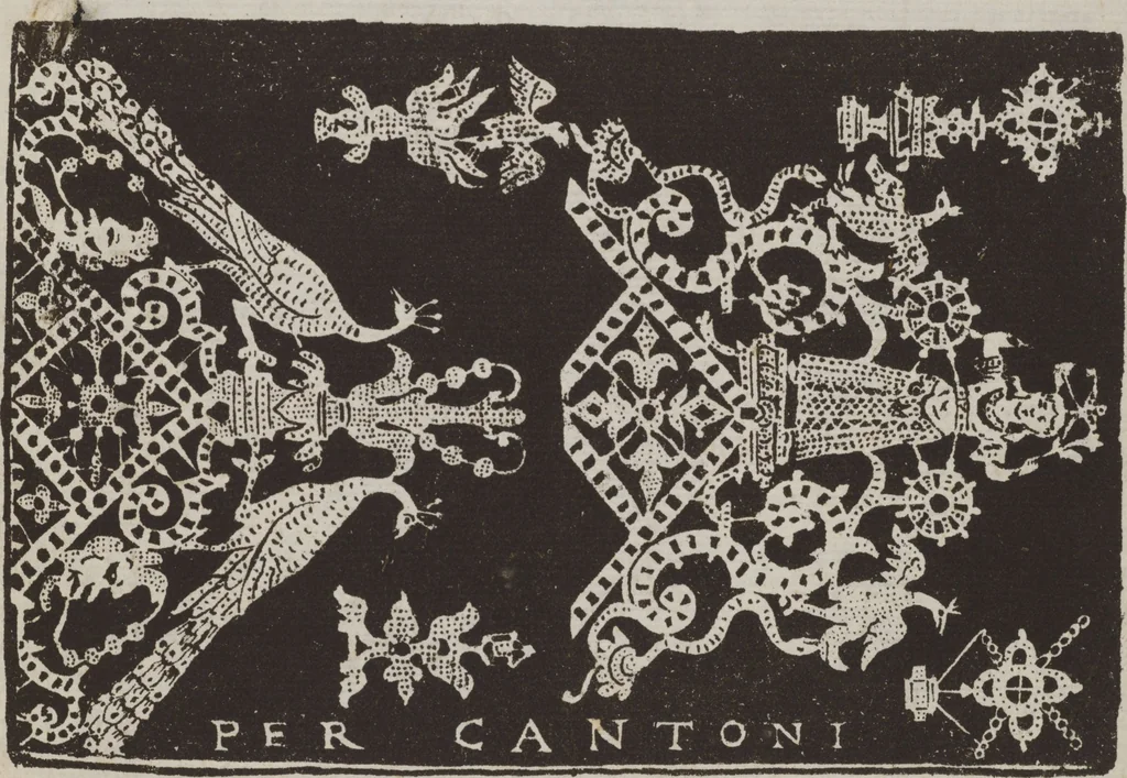 An illustration from Corona delle nobili, et virtvose donne. Libro [primo] : nel quale si dimostra in varij dissegni molte sorti di mostre di punti in aria, punti tagliati, punti a reticello, & ristampa la quarta voltà, 1592, leaf 48