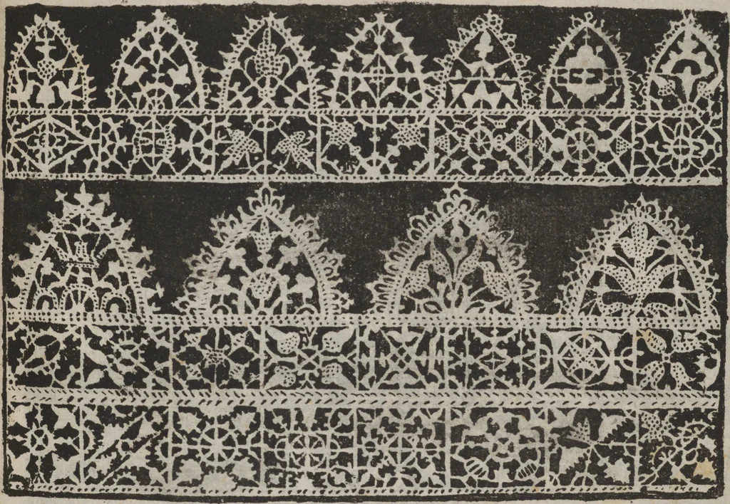 An illustration from Corona delle nobili, et virtvose donne. Libro [primo] : nel quale si dimostra in varij dissegni molte sorti di mostre di punti in aria, punti tagliati, punti a reticello, & ristampa la quarta voltà, 1592, leaf 50