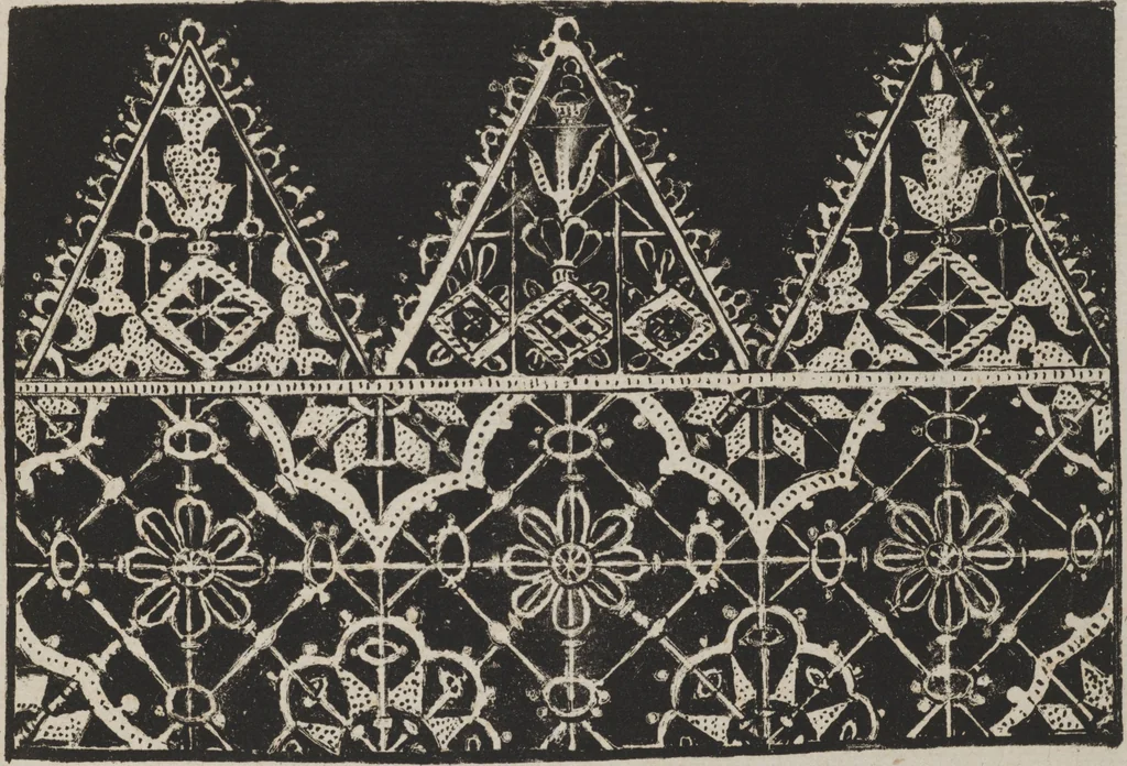 An illustration from Corona delle nobili, et virtvose donne. Libro [primo] : nel quale si dimostra in varij dissegni molte sorti di mostre di punti in aria, punti tagliati, punti a reticello, & ristampa la quarta voltà, 1592, leaf 54